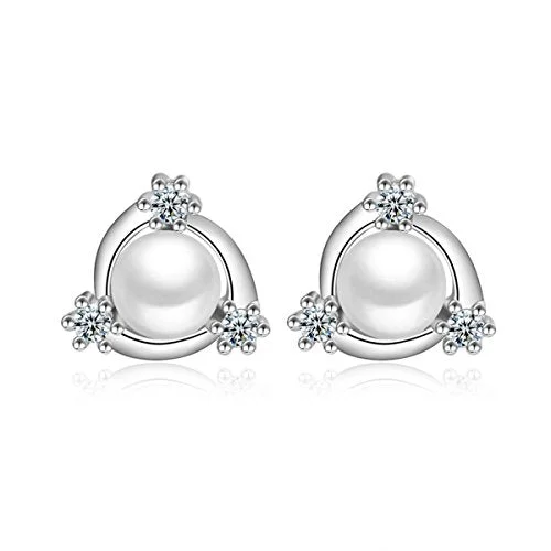 ladies silver earrings for wedding-Sexy Sparkles Imitation Pearl Ear Post Stud Earrings with Cubic Zirconia for women teen girls