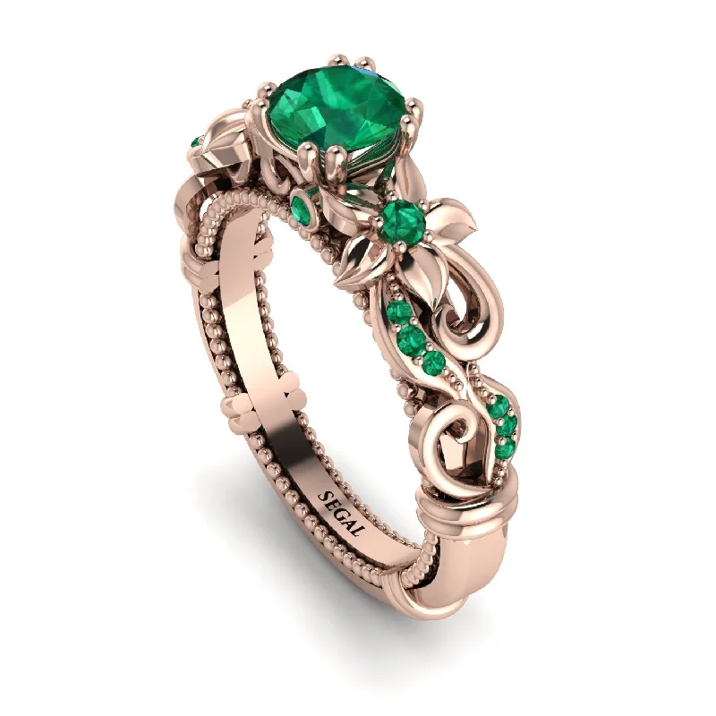 cushion cut ladies engagement rings-Vintage Flower Openwork Gold Emerald Engagement Ring - Ann No. 20