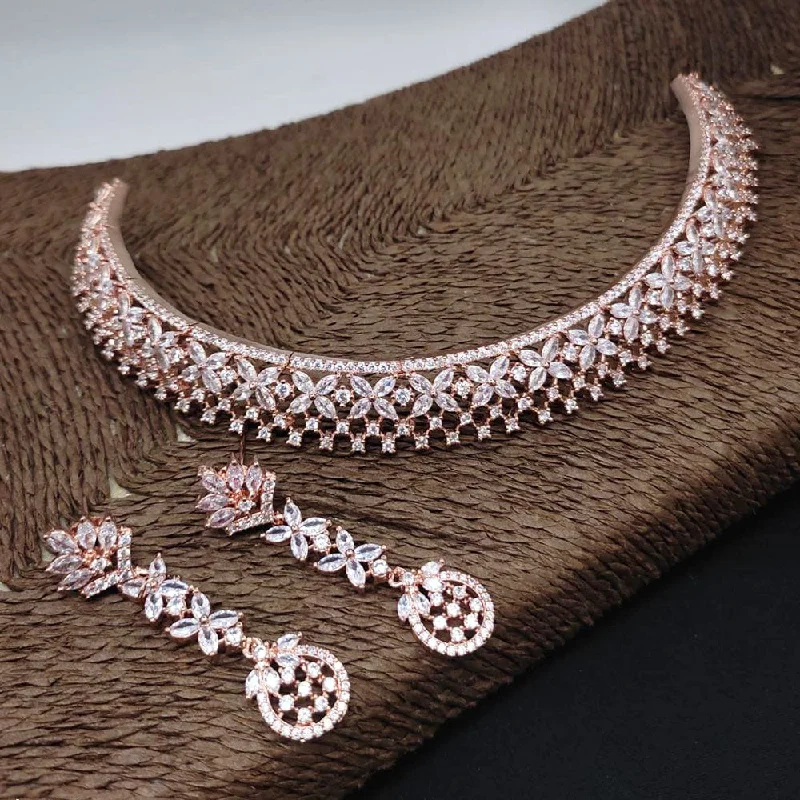 ladies layered gold necklaces-Aamrapali Rose Gold Plated AD Choker Necklace Set