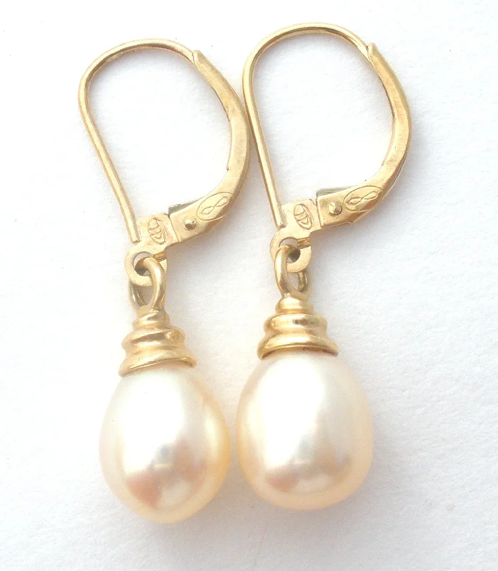 ladies stud earrings-14K Gold Pearl Drop Earrings Leverback