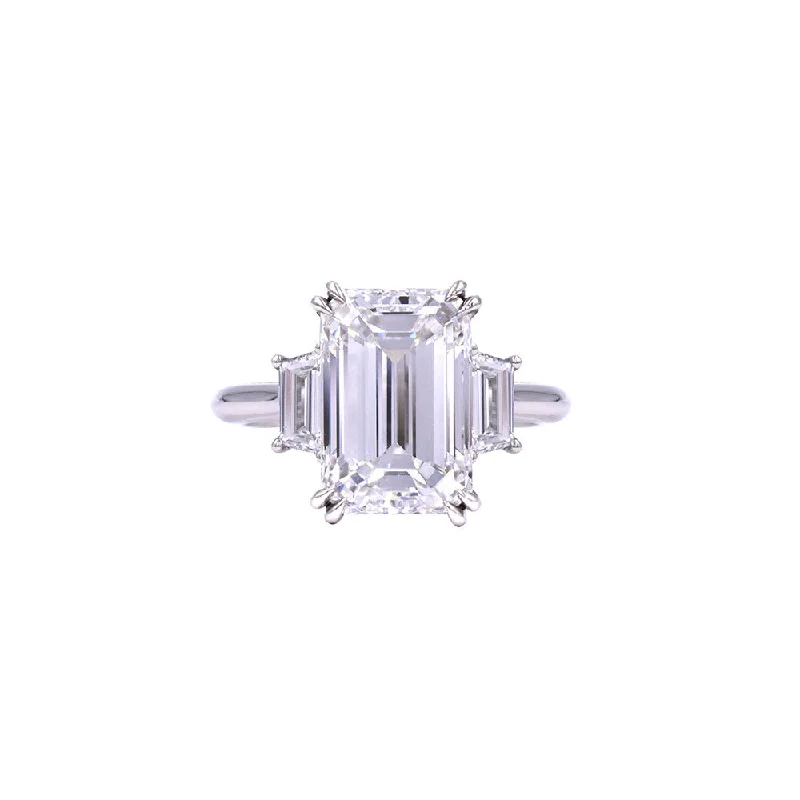 ladies band rings-Platinum Three Stone Ring with 5.07 Emerald Cut Diamond