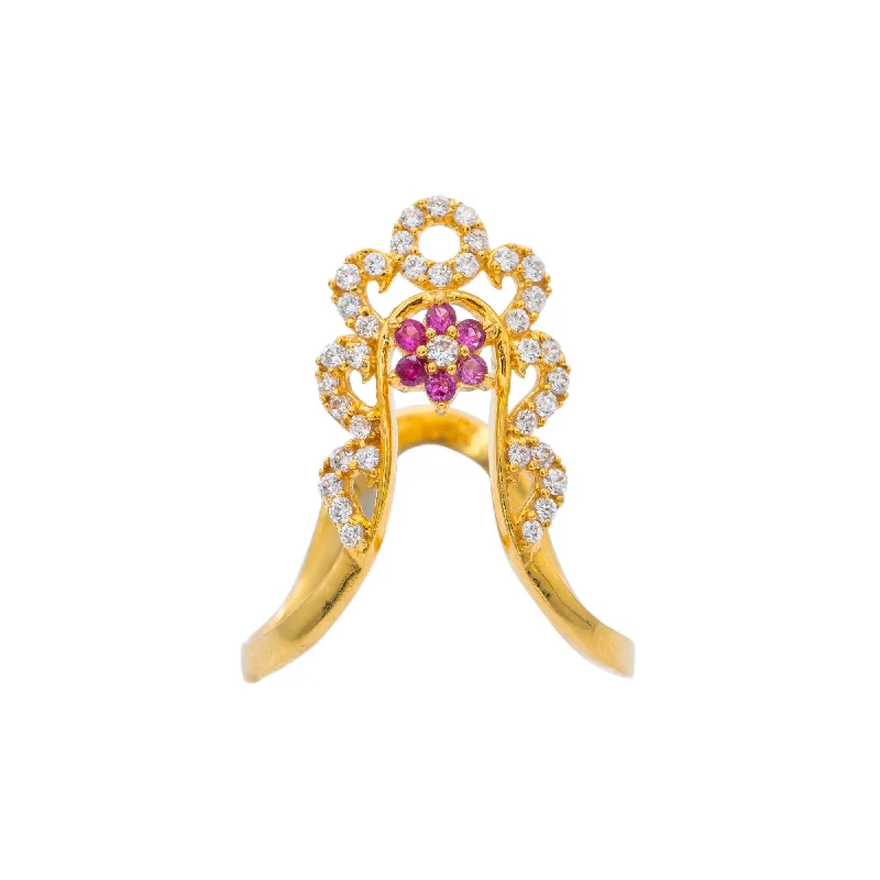 ladies cocktail gemstone rings-22K Yellow Gold CZ Ring W/ Gemstone Flower & Deep Curved Band