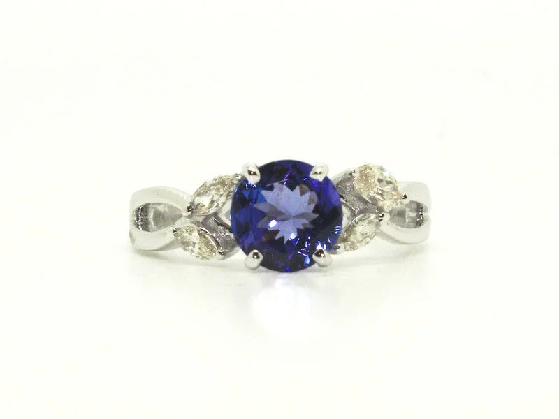 ladies cocktail gemstone rings-Round Tanzanite & Marquee Cut Diamond Ring AD No. 1078