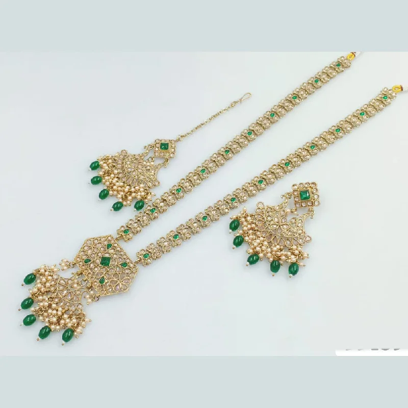 ladies heart-shaped necklaces-Rani Sati Jewels Gold Plated Crystal and Pearl Long Necklace Set