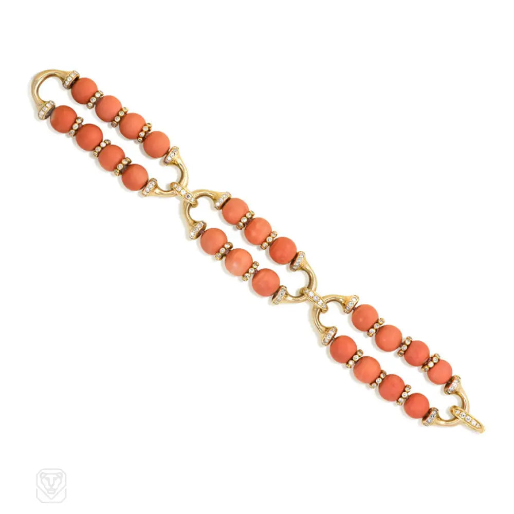 ladies gold bracelets-Gold, coral bead, and diamond bracelet