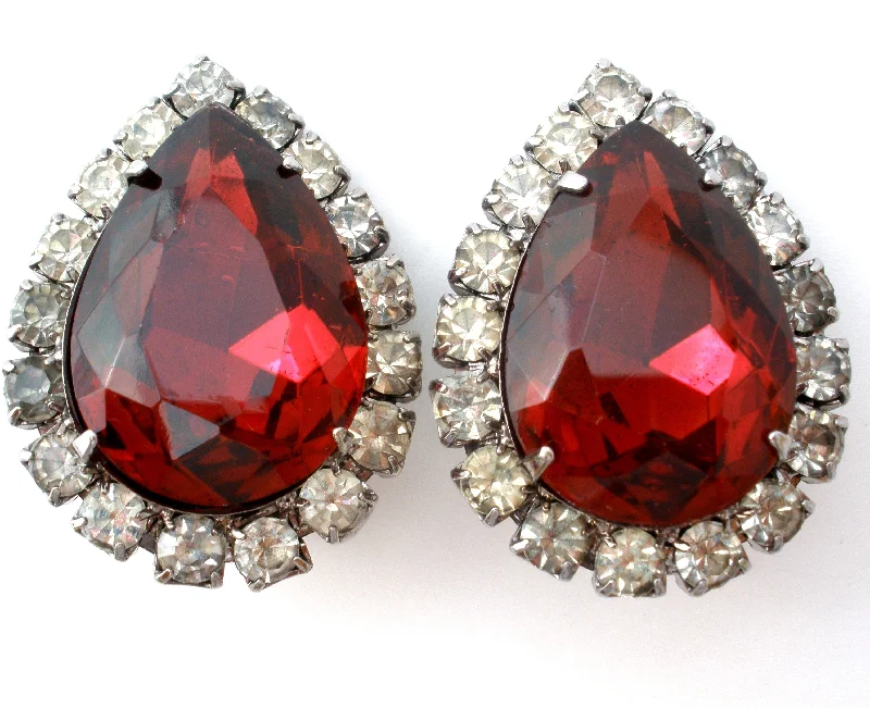 ladies glamorous earrings-Red Rhinestone Earrings Vintage Clip On