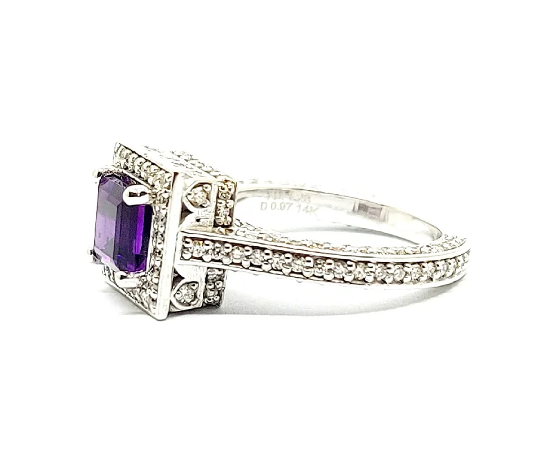 ladies simple rings-Micropavé  Hidden Halo Ring with Princess cut Amethyst and Diamond