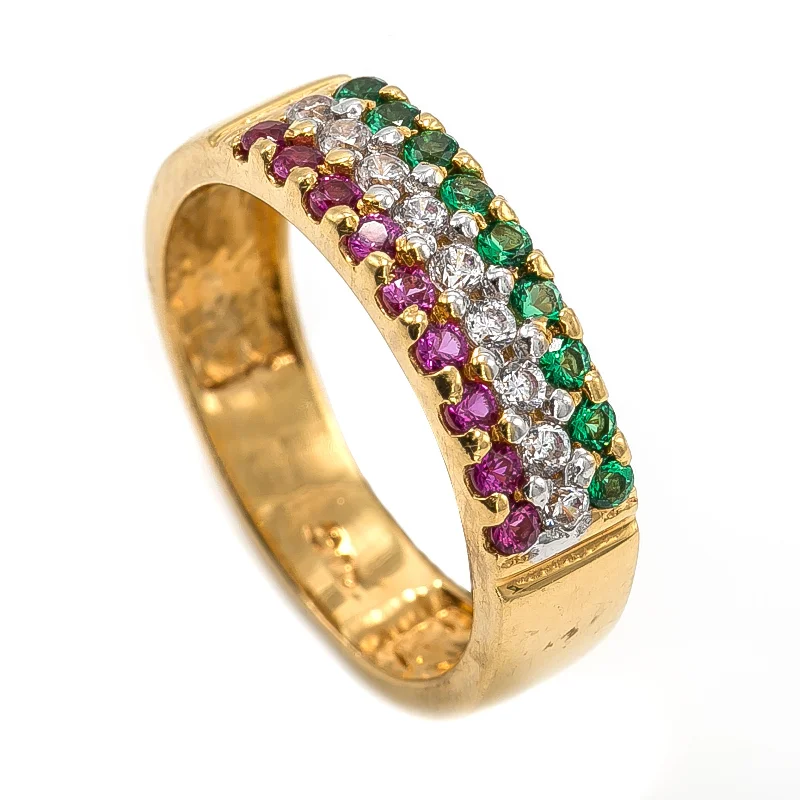 ladies oval rings-22K Yellow Gold Band Ring W/ Pave Set Rubies, Emeralds & CZ Gems