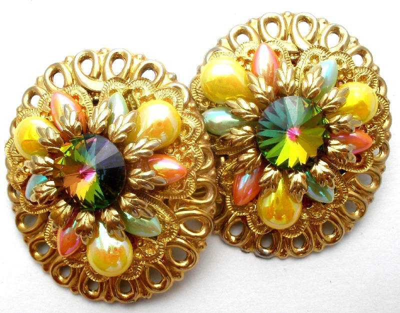 ladies stud earrings-Fantiques Multi Color Rivoli Rhinestone Earrings Vintage