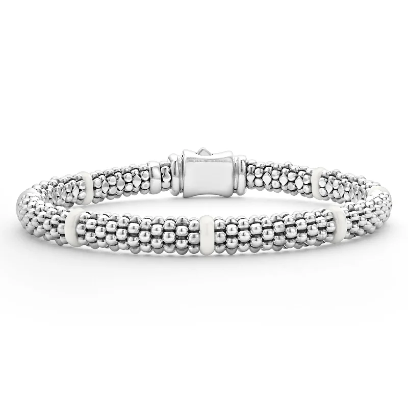 ladies gemstone bangles for women-White Caviar Ceramic Station Caviar Bracelet | 6mm