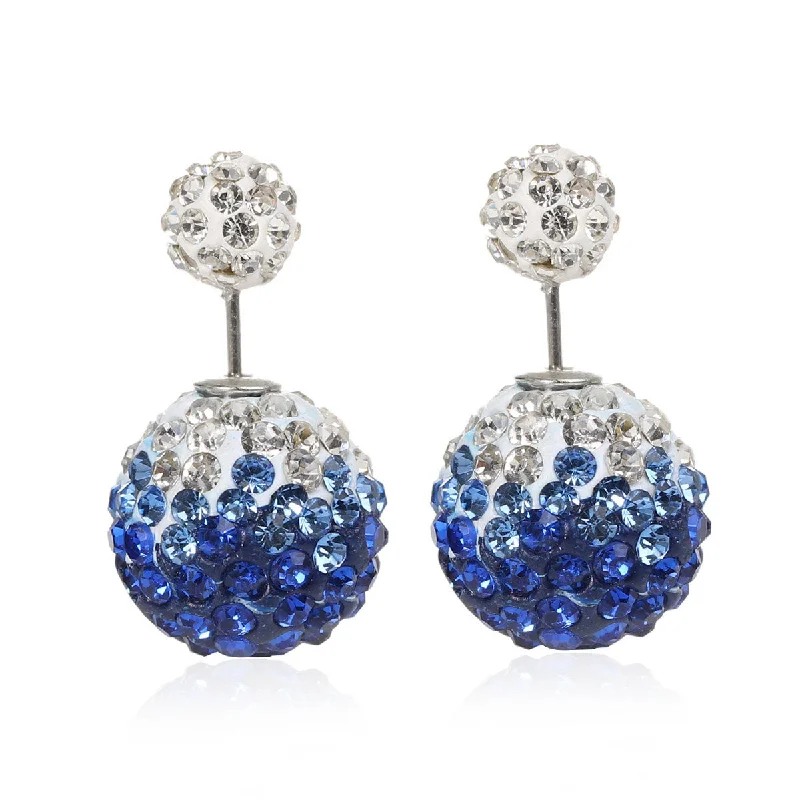 ladies sparkling earrings-Sexy Sparkles Clay Earrings Double Sided Ear Studs Round Pave White Blue Rhinestone W/ Stoppers