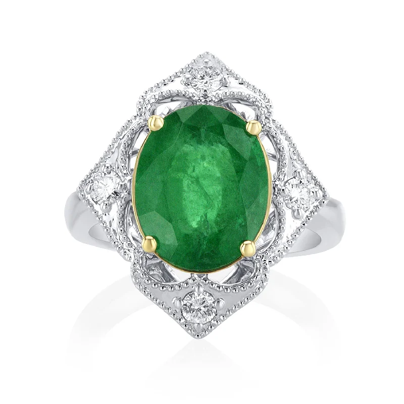 ladies diamond halo rings-3.79 Carat Natural Emerald & Diamond Halo Ring in 18K White & Yellow Gold