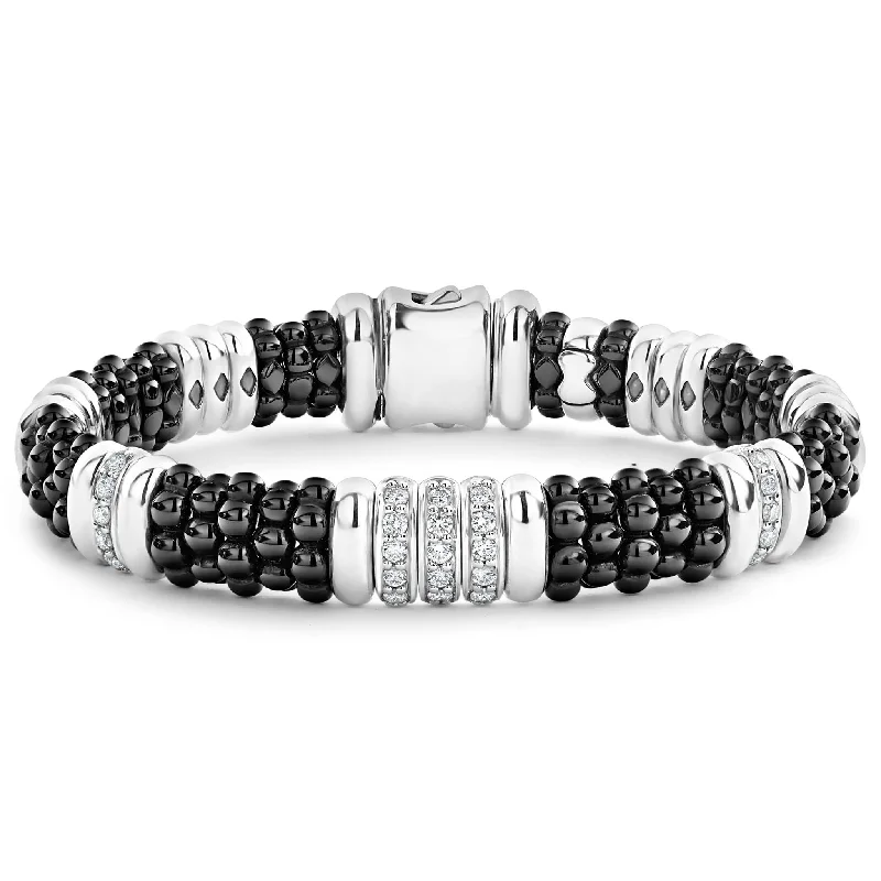 ladies timeless bangles-Black Caviar Five Station Ceramic Diamond Bracelet | 9mm