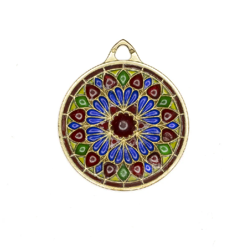 ladies romantic necklaces-ANTIQUE FRENCH PLIQUE A JOUR 18k PENDANT MANDALA ENAMEL YELLOW GOLD NECKLACE