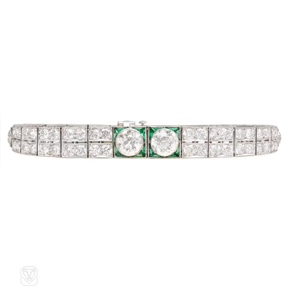 ladies bracelet for wedding-Art Deco tapered diamond and emerald bracelet