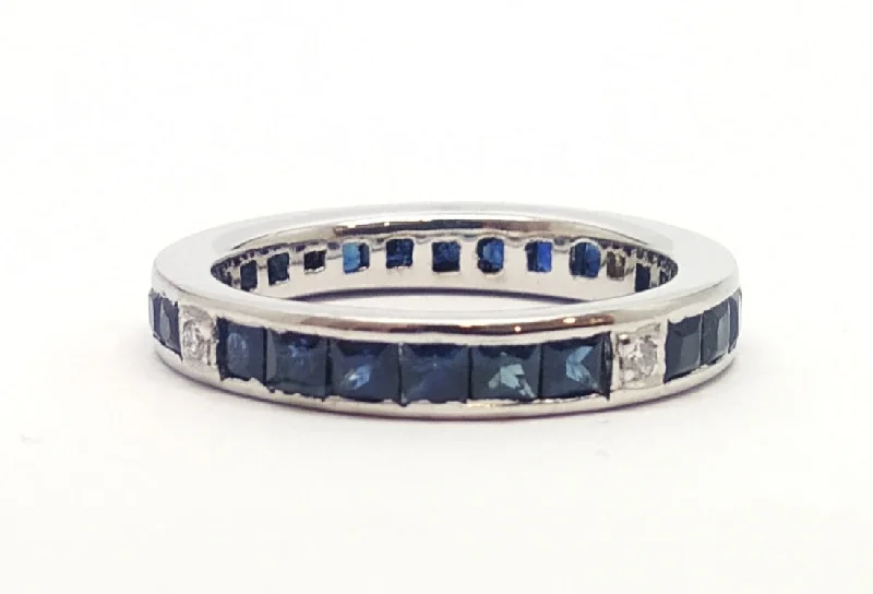 ladies gold rings-Seamless Sapphire Emerald-Cut and Diamond  Eternity Band RNG-164