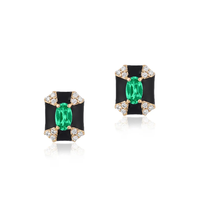 ladies diamond stud earrings-Rectangle Stone Enamel Stud Earrings with Diamonds