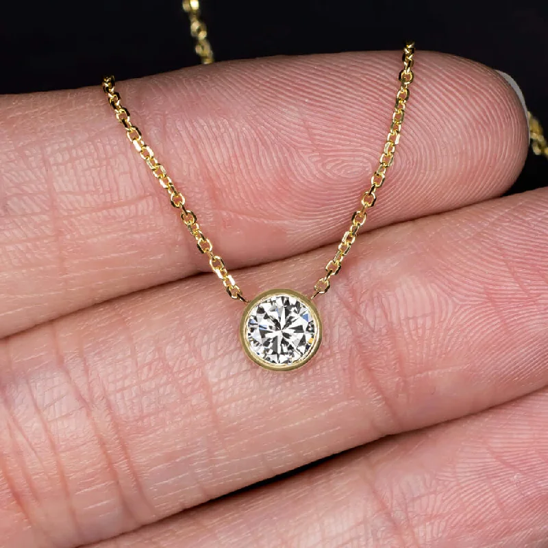 ladies layered necklaces-DIAMOND SOLITAIRE NECKLACE 1/2 CARAT BEZEL SET ROUND BRILLIANT CUT YELLOW GOLD