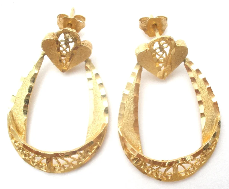 ladies heart drop earrings-14K Yellow Gold Filigree Earrings Vintage