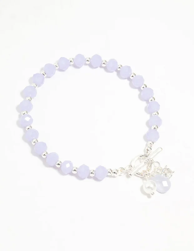 ladies custom bangles-Silver Pearl & Diamante Beaded T&O Bracelet