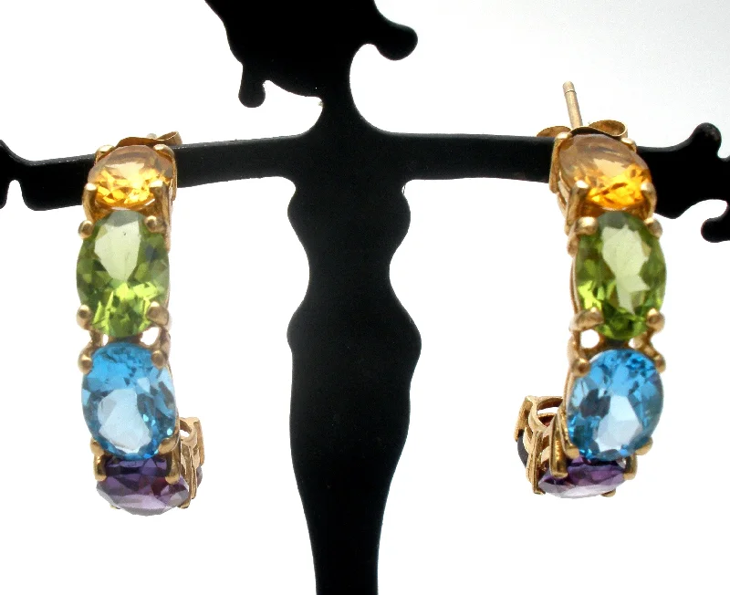 ladies gold stud earrings-Multi Gemstone Hoop Earrings 14K Gold