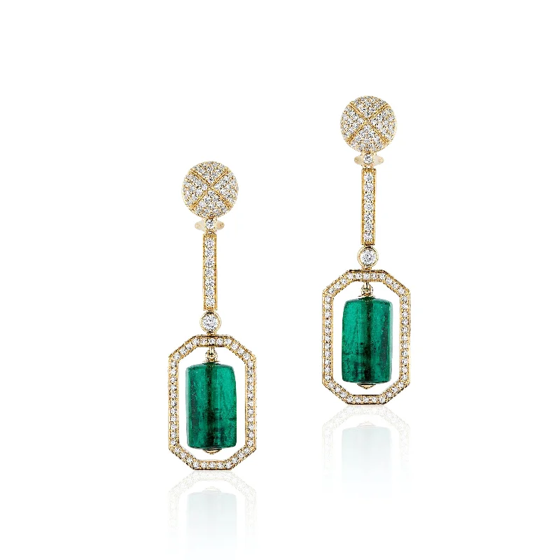 ladies gold stud earrings-G-One Tumbled Emerald Diamond Drop Earrings