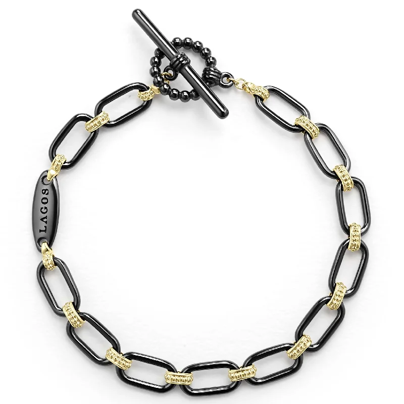 ladies gold-filled bangles-Signature Caviar 18K Gold and Black Ceramic Link Bracelet | 6mm