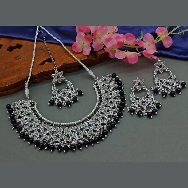 ladies beaded necklaces-India Art Silver Plated Crystal Stone And Pearls Necklace Set