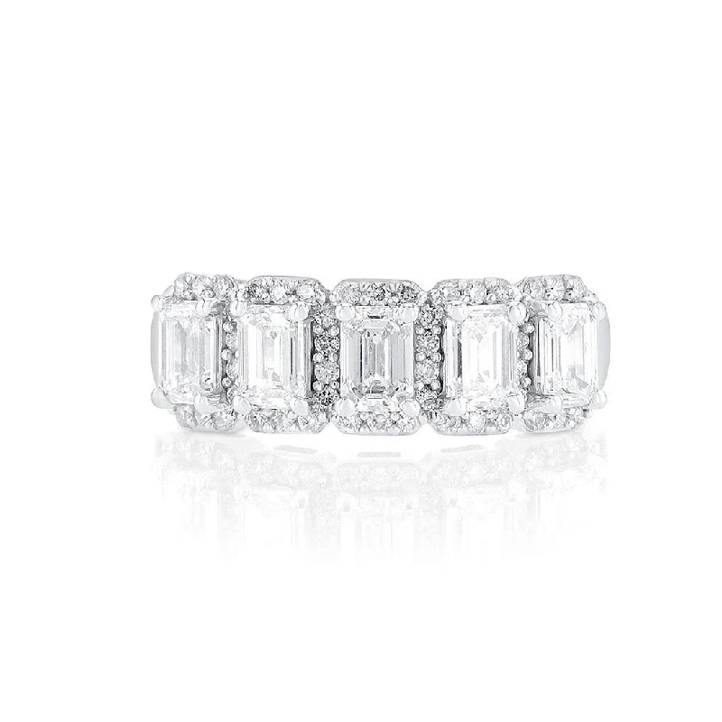 ladies multi-stone rings-1.25 Cttw Emerald Cut Diamond and 0.25 Cttw Halo 14K White Gold Band