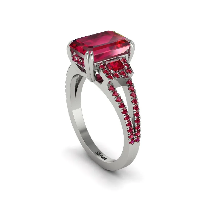 cushion cut ladies engagement rings-Split Shank Emerald Cut Ruby Designer Engagement Ring - Ursula No. 57