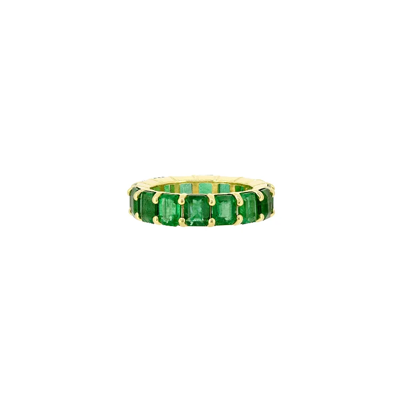 ladies designer rings-18 Karat Yellow Gold Eternity Band with Emerald cut emeralds