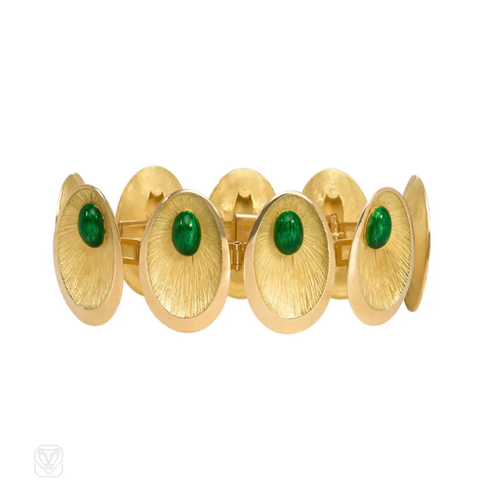 ladies wedding bracelets-Gold and green enamel oval link bracelet