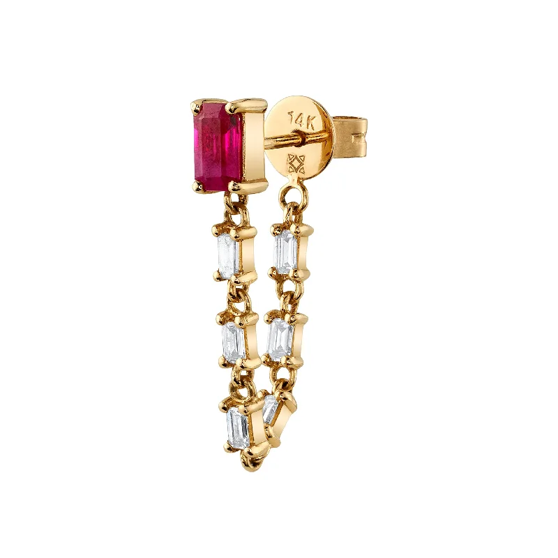 ladies gemstone earrings-Ruby Diamond Baguette Drop Earrings