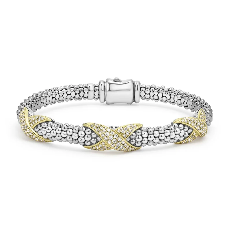 ladies silver charm bracelets-Embrace Three Station Diamond X Caviar Bracelet | 6mm