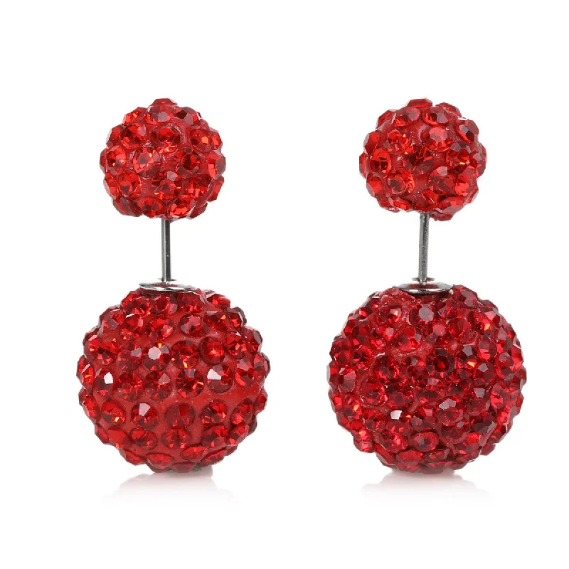 ladies heart drop earrings-SEXY SPARKLES Clay Earrings Double Sided Ear Studs Round Pave Red Rhinestone W/ Stoppers