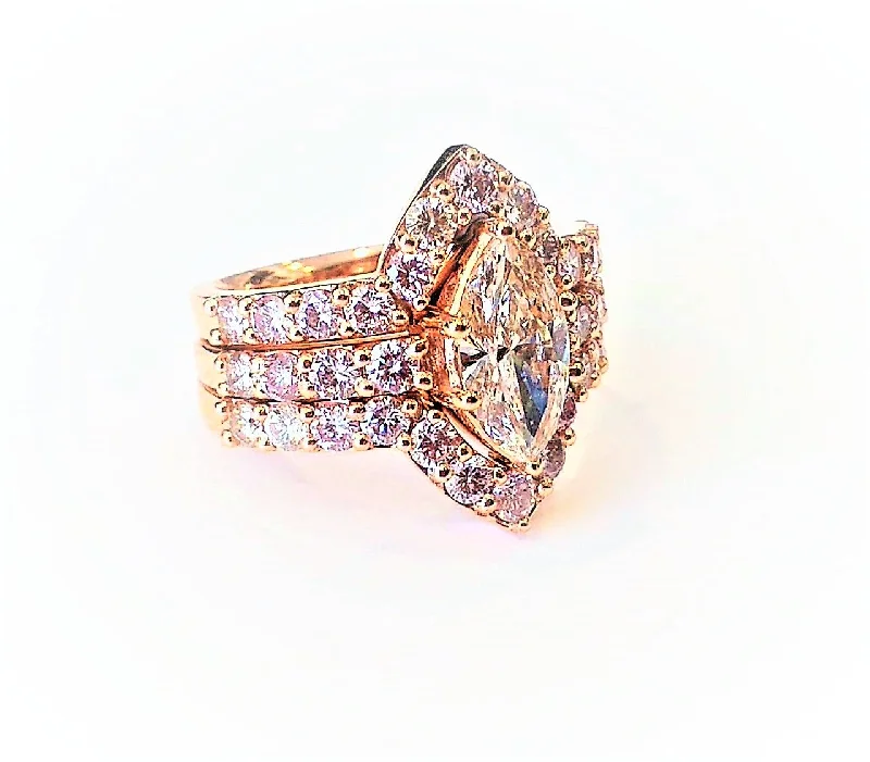 ladies diamond rings-Marquise Diamond Ring with Curved Diamond Guard in 14k Rose Gold (3.64 ct.tw.)