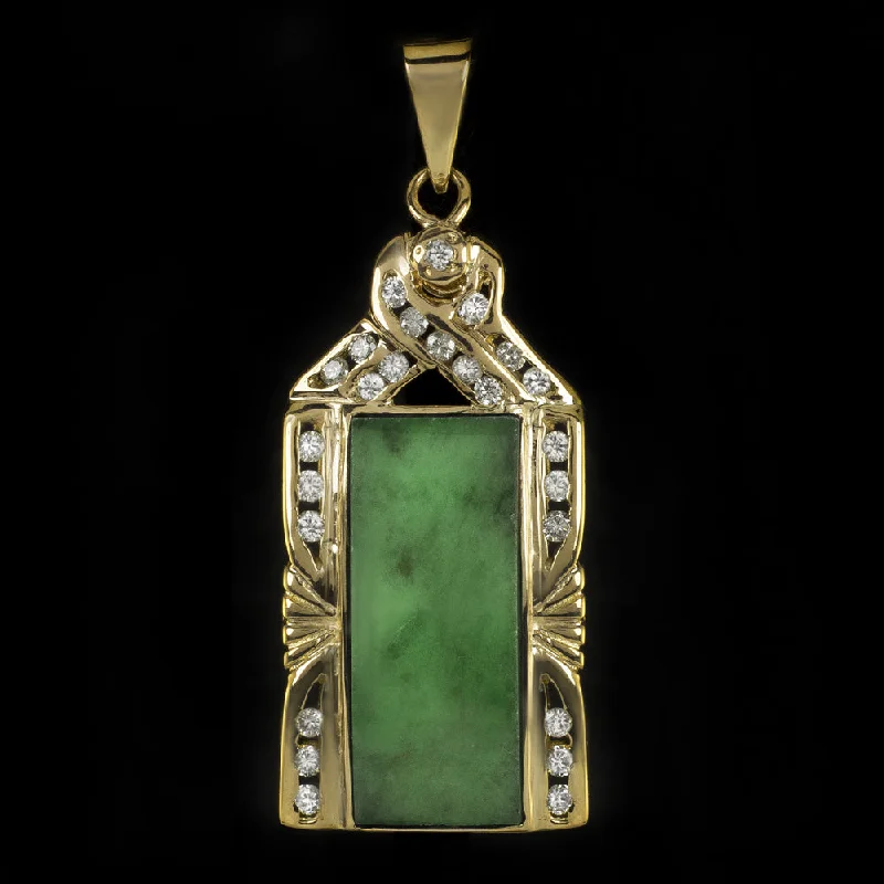 ladies chunky gold necklaces-JADE DIAMOND PENDANT 18k YELLOW GOLD NATURAL ESTATE RECTANGLE CABOCHON NECKLACE