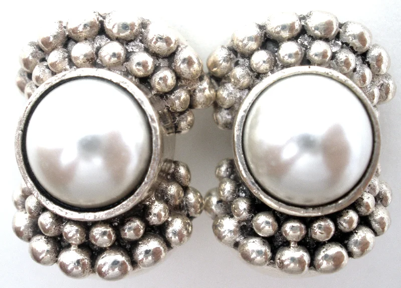 ladies two-tone earrings-Sterling Silver Faux Pearl Clip On Earrings