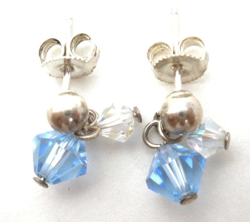 ladies fashion statement earrings-Blue Crystal Bead Dangle Earrings Sterling Silver