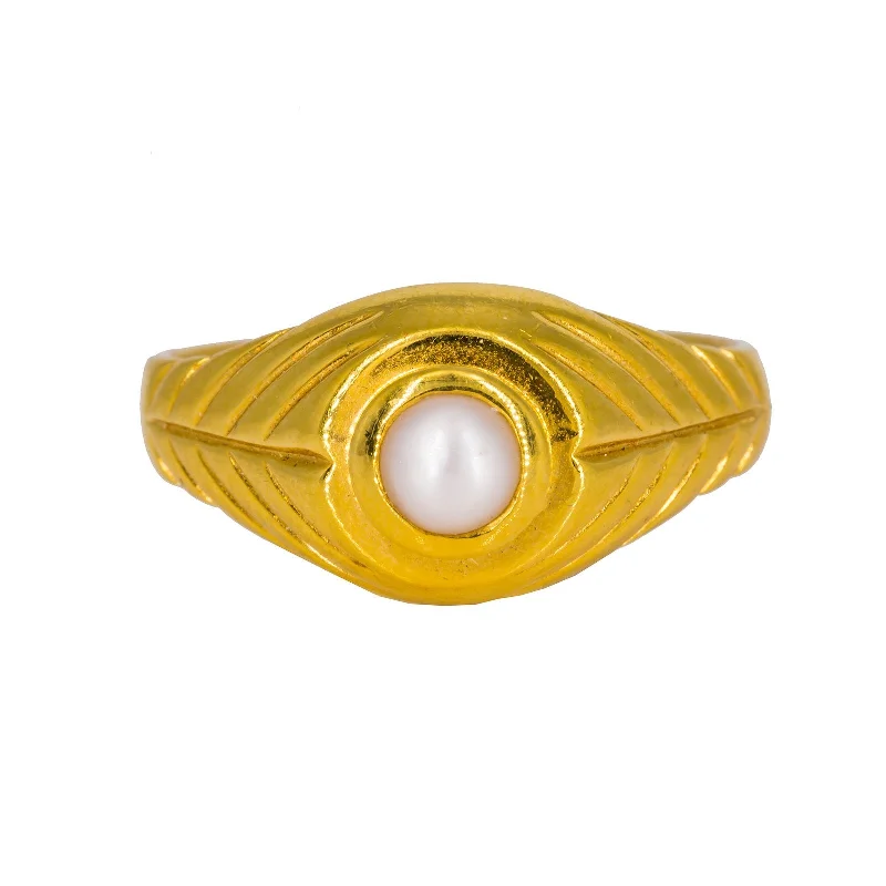 ladies promise rings-22K Yellow Gold Men's Ring W/ Precious Pearl & Artisanal Leaf Details