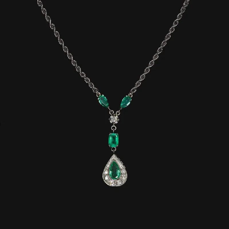 ladies luxury gold necklaces-VINTAGE 4.80ct COLOMBIAN EMERALD DIAMOND NECKLACE PEAR SHAPE DROP 14k WHITE GOLD