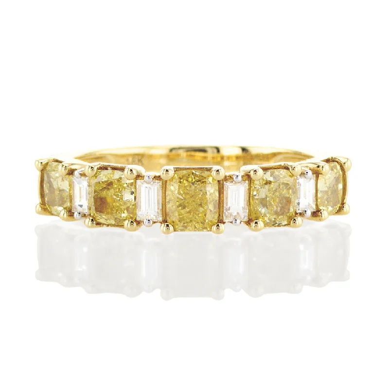 ladies men’s style rings-1.40 Cttw Radiant-Cut Fancy Yellow & 0.20 Cttw Baguette Diamond 18K Yellow Gold Alternating Band