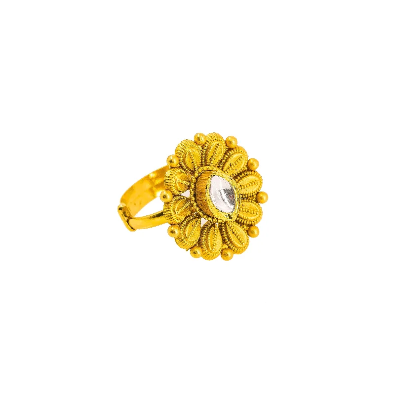 ladies band rings-22K Yellow Gold Ring W/ Kundan, Artisanal Flower & Extendable Band