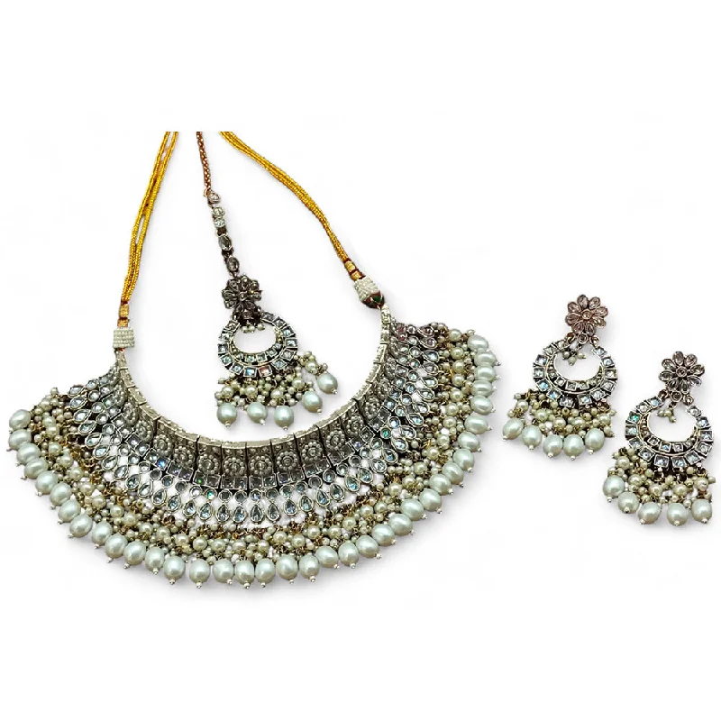 ladies chunky chain necklaces-Gehana Mahal Gold Plated Crystal Stone Pearl And Beads Necklace Set