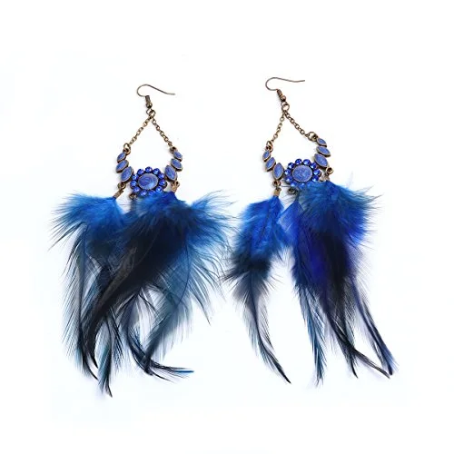 ladies silver hoop earrings-SEXY SPARKLES Dangling Genuine Natural long Hand Made Feathers Earrings for Women and Teen