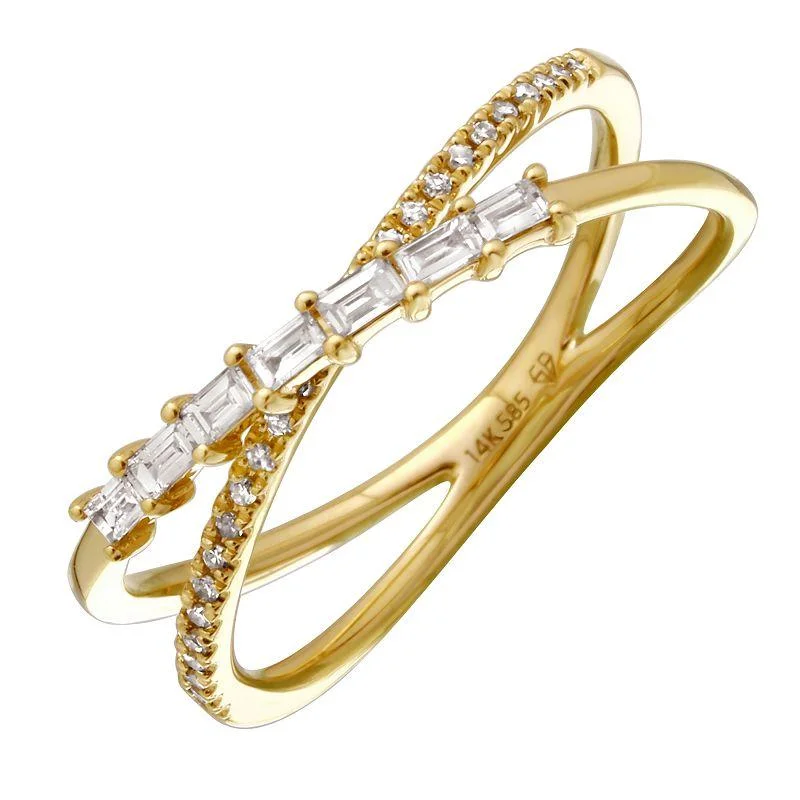 ladies vintage diamond rings-Baguette & Diamond Crossed Ring