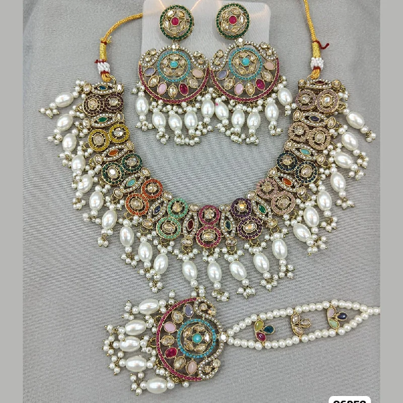 ladies fashion-forward necklaces-Rani Sati Jewels Gold Plated Crystal and Pearl Necklace Set