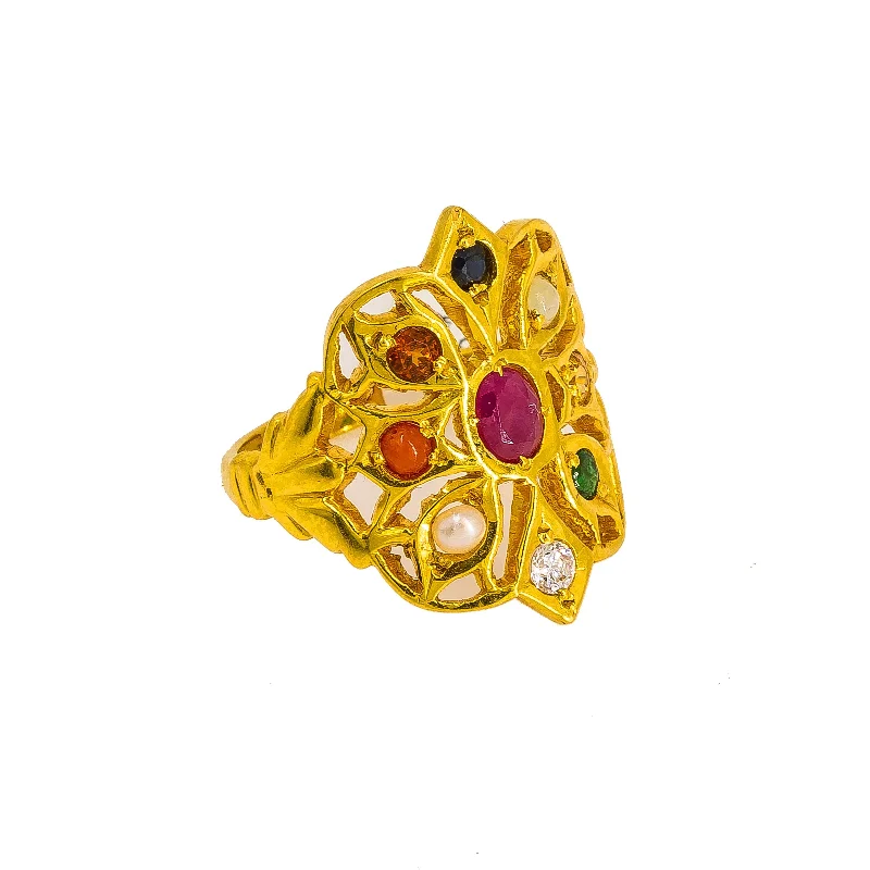 ladies anniversary rings-22K Yellow Gold Navaratan Ring W/ Ruby, Emerald, Pearl, Sapphire & CZ Gems on Floral Frame