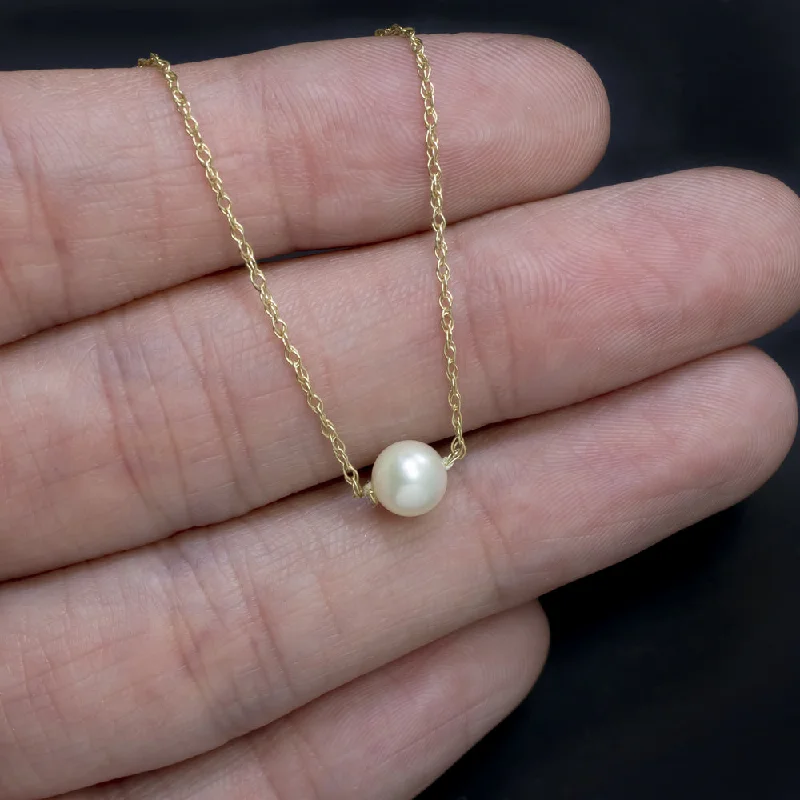 ladies simple crystal necklaces-PEARL 14k YELLOW GOLD NECKLACE DAINTY SIMPLE CLASSIC EVERYDAY PENDANT 16 INCH