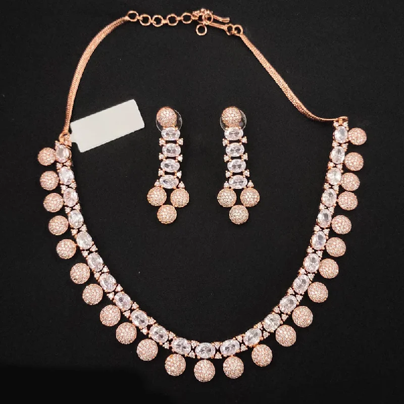 ladies simple chain necklaces-Lucentarts Jewellery Rose Gold Plated AD Necklace Set